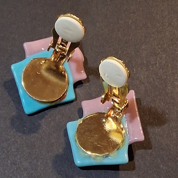 * Vintage 80s Look Pink & Turquoise Glass Clip On Earrings - Picture 4 of 4